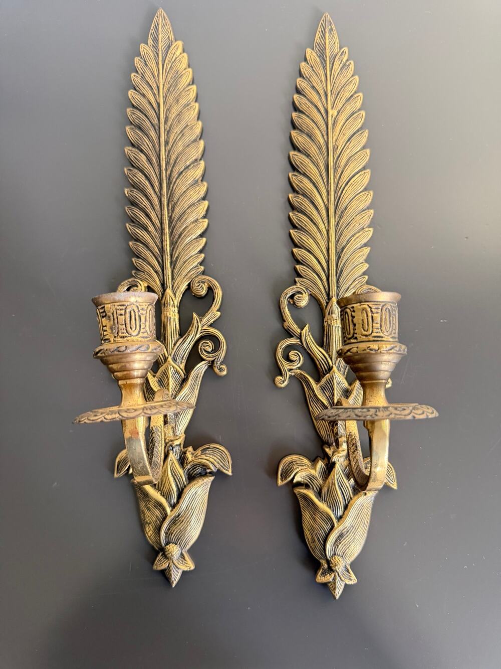 Vintage Brass feather-leaf wall sconces candle holders pair of 2 Rococo style